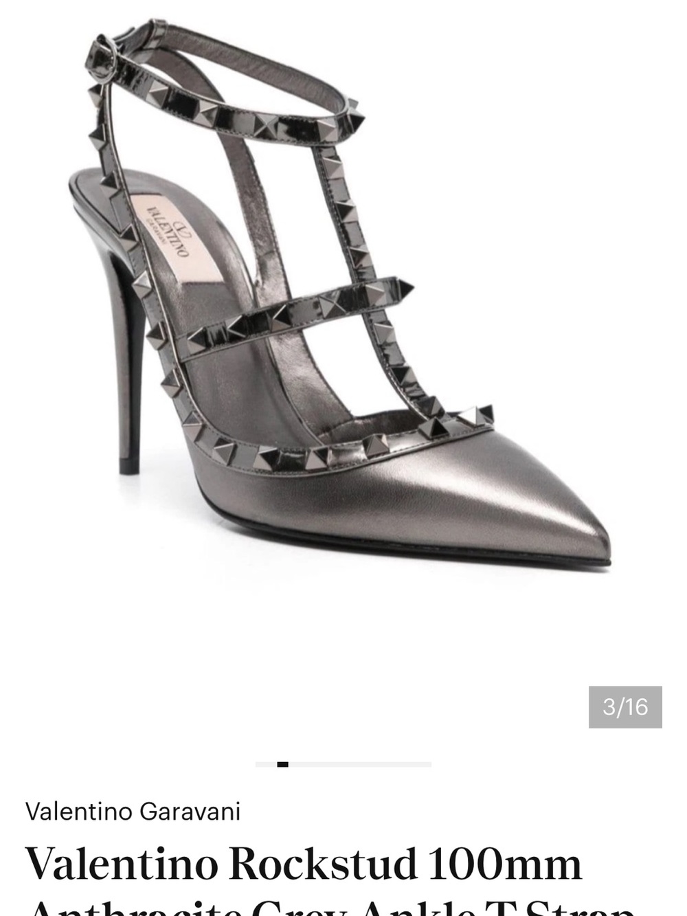 Valentino Garavani Metallic Anthracite Grey Rockstud T-Strap Pumps